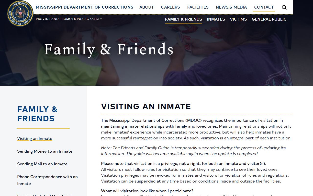 MDOC visitation application and family friends information page
